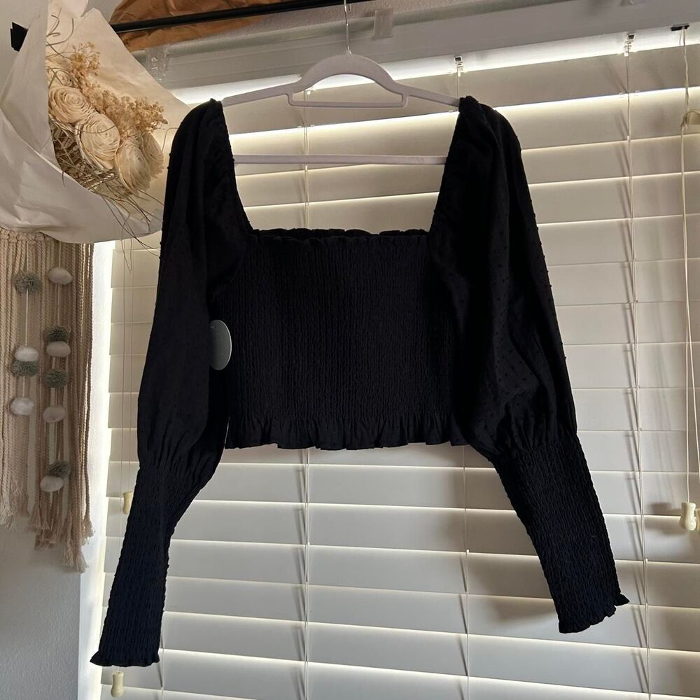 Hill House The Grace Nap Top Black Smocked Puff Sleeve Blouse Size L nwt